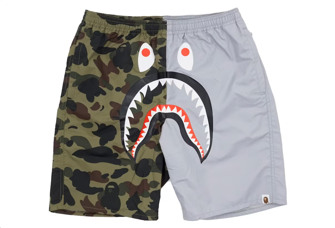 BAPE Half 1st Camo Shark Beach Shorts - Green/Grey - Used Bape