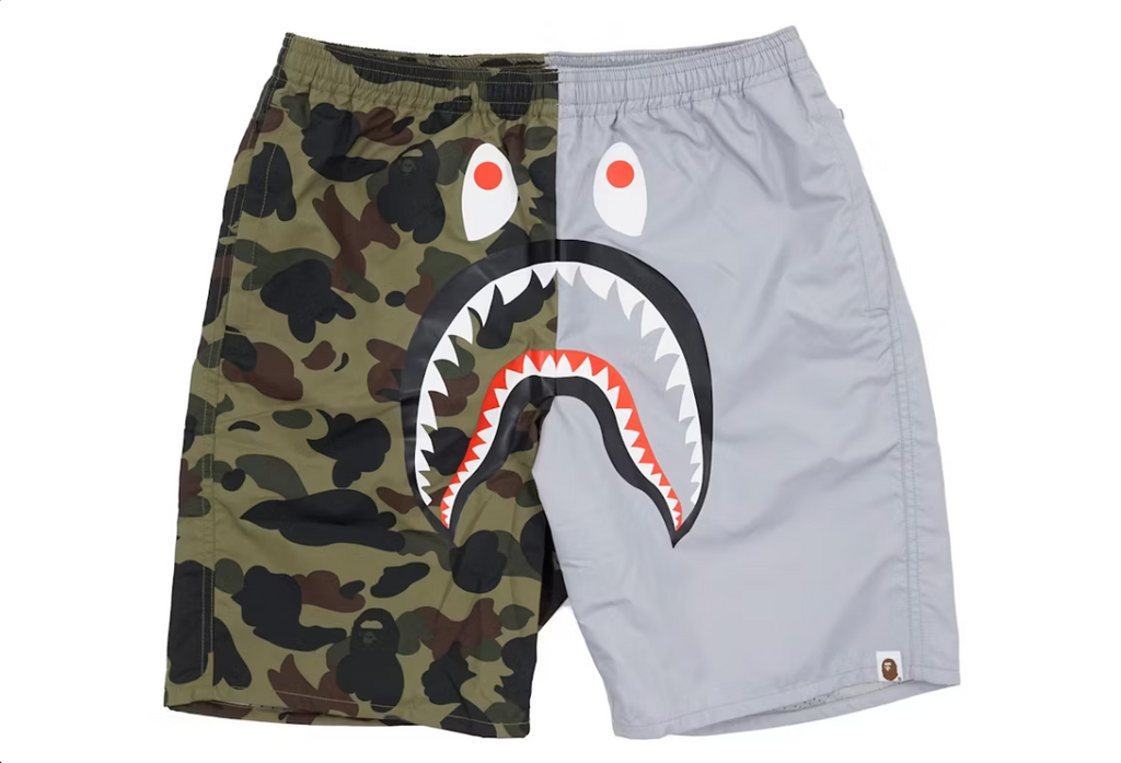 BAPE Half 1st Camo Shark Beach Shorts - Green/Grey - Used