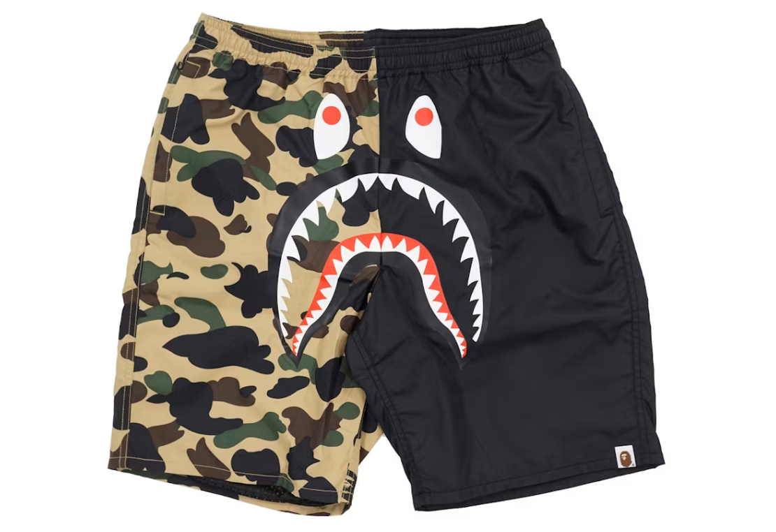 BAPE Half 1st Camo Shark Beach Shorts - Black/Yellow - Used Bape