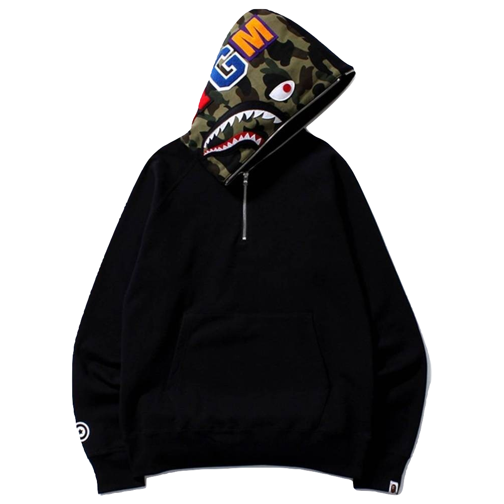 A Bathing Ape Shark Half Zip Pullover Hoodie - Black Bape