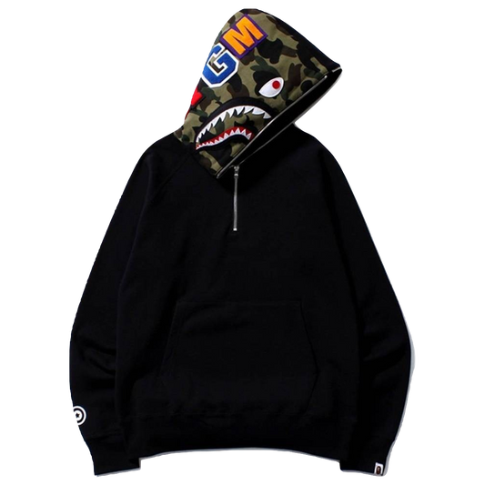 A Bathing Ape Shark Half Zip Pullover Hoodie - Black Bape