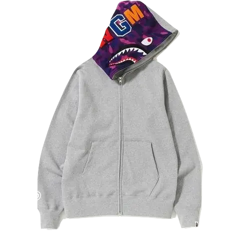 A Bathing Ape Shark Full Zip Hoodie - Gray/Purple Hood - Used Bape