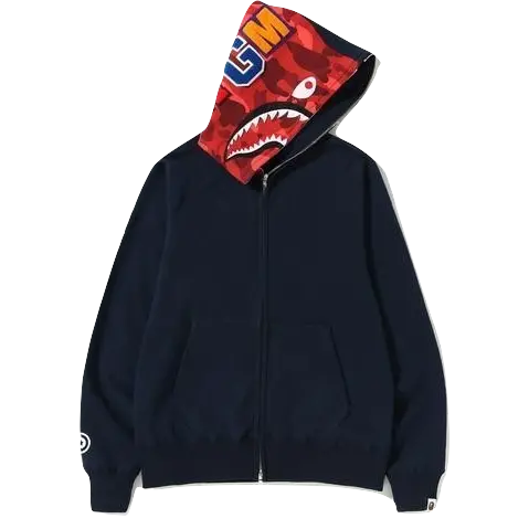 A Bathing Ape Shark Full Zip Hoodie - Navy/Red Hood Bape