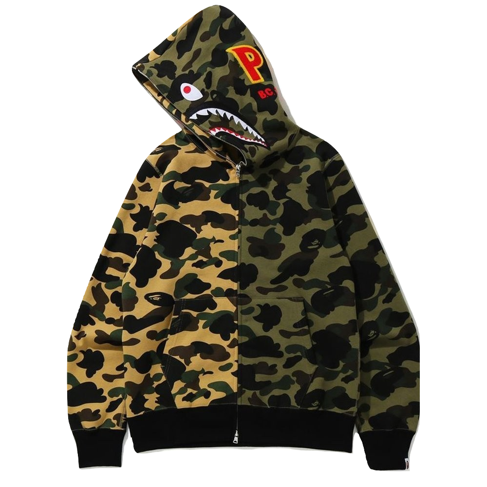 A Bathing Ape 1st Camo Half Shark Full Zip Hoodie PONR - Green/Yellow Camo Bape