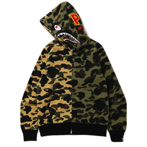 A Bathing Ape 1st Camo Half Shark Full Zip Hoodie PONR - Green/Yellow Camo Bape
