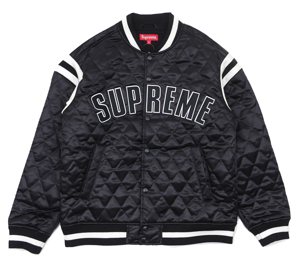 Supreme Quilted Satin Varsity Jacket - Black - Used