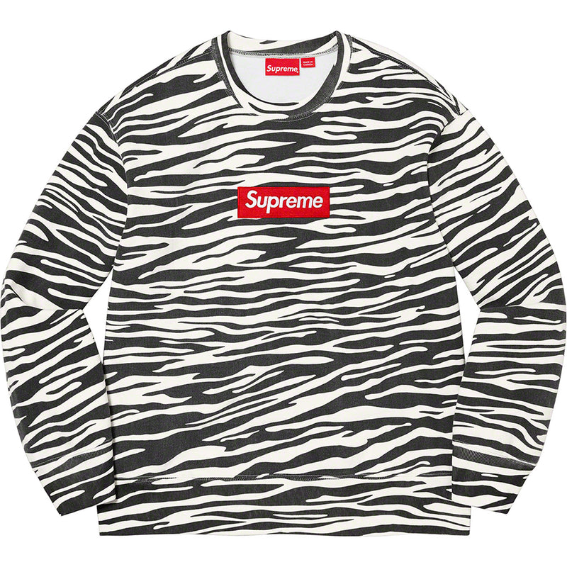 Supreme Box Logo Crewneck (Zebra) Heavyweight crossgrain brushed-back  fleece with embroidered logo on chest.