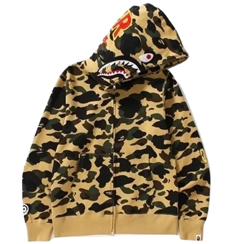 A Bathing Ape 1st Camo Shark Full Zip Hoodie - PONR - Yellow Camo - Used Bape