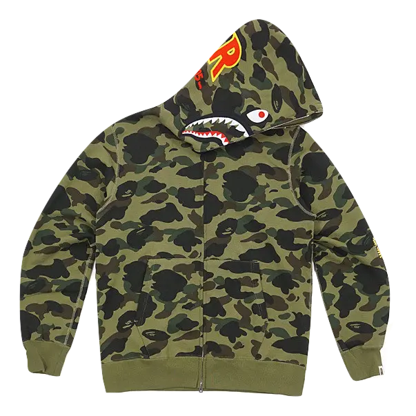 A Bathing Ape 1st Camo Shark Full Zip Hoodie PONR - Green Camo - Used Bape