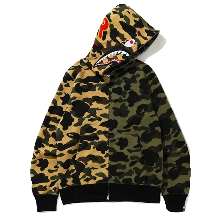 A Bathing Ape 1st Camo Half Shark Full Zip Hoodie PONR - Green/Yellow Camo Bape