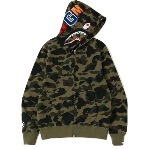 A Bathing Ape 1st Camo Shark Full Zip Jacket (Screen printed) - Green Camo - Used Bape