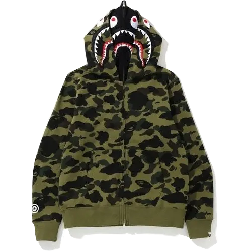 A Bating Ape 1st Camo Shark Full Zip Double Hoodie - Camo Green Bape