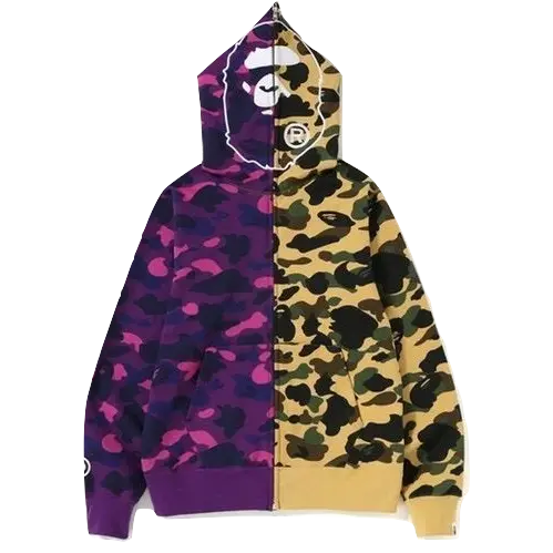 A Bathing Ape 1st x Color Camo 2nd Ape Half Full Zip Hoodie - Yellow/Purple Bape