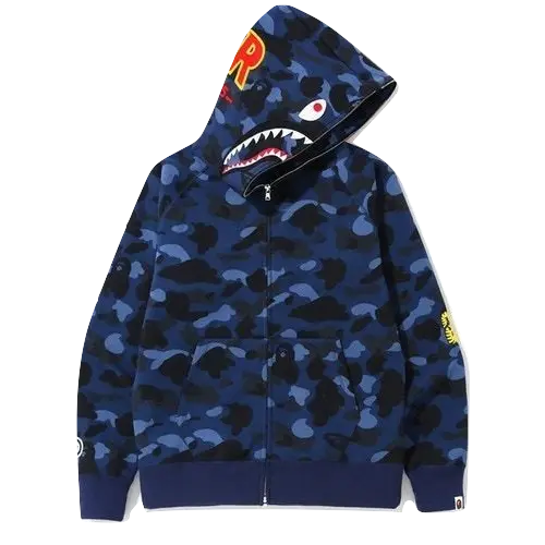 A Bathing Ape Color Camo PONR Shark Zip Up Hoodie - Navy Bape