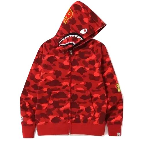 A Bathing Ape Color Camo PONR Shark Zip Up Hoodie - Red Bape