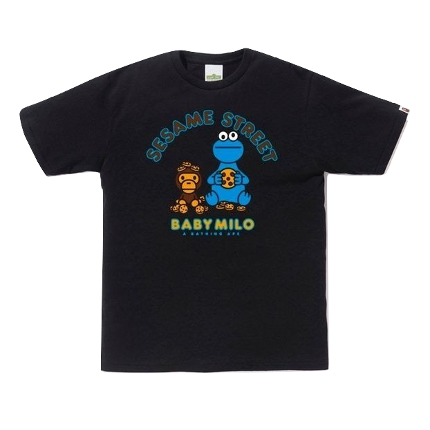 A Bathing Ape x Sesame Street Milo & Cookie Monster Tee - Black - Used Bape