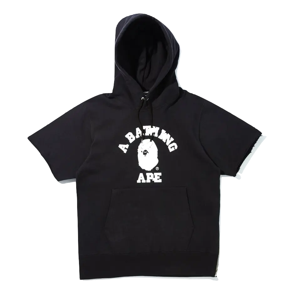 A Bathing Ape College Wide Short Sleeve Hoodie - Black - Used Bape