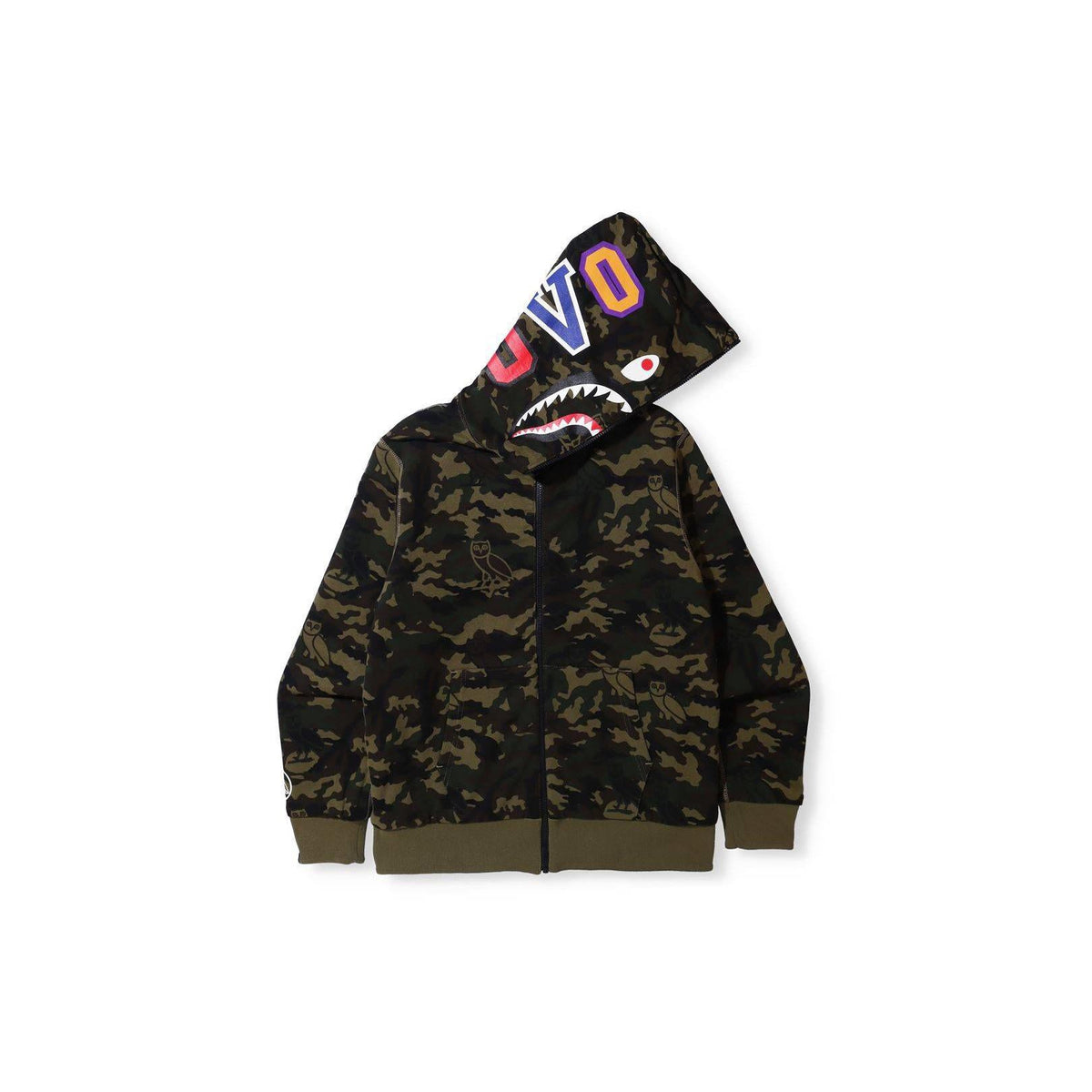 A Bathing Ape X OVO Woodland Camo Shark Reversible Full Zip Hoodie - Black Bape