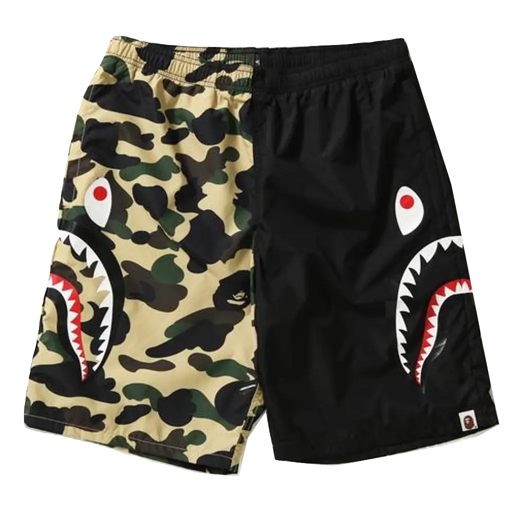 A Bathing Ape 1st Camo Half Shark Beach Shorts - Black/Yellow Bape