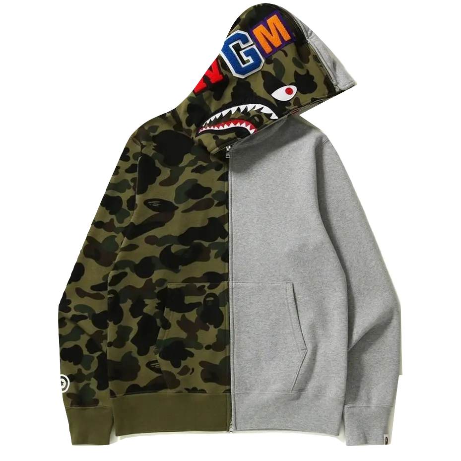 A Bathing Ape 1st Camo Half&Half Full Zip Hoodie - Green/Gray Bape