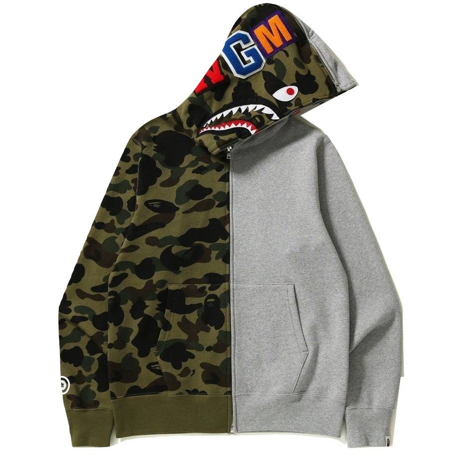 A Bathing Ape 1st Camo Half&Half Full Zip Hoodie - Green/Gray