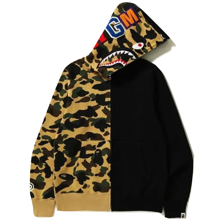 A Bathing Ape 1st Camo Half & Half Full Zip Hoodie - Black/Yellow Camo Bape