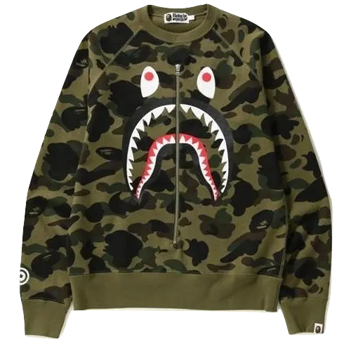 A Bathing Ape 1st Camo Metal Zip Shark Crewneck - Green Bape