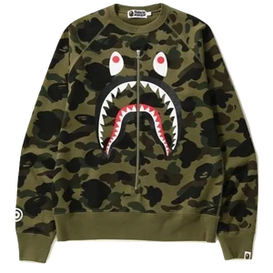 A Bathing Ape 1st Camo Metal Zip Shark Crewneck - Green - Used Bape