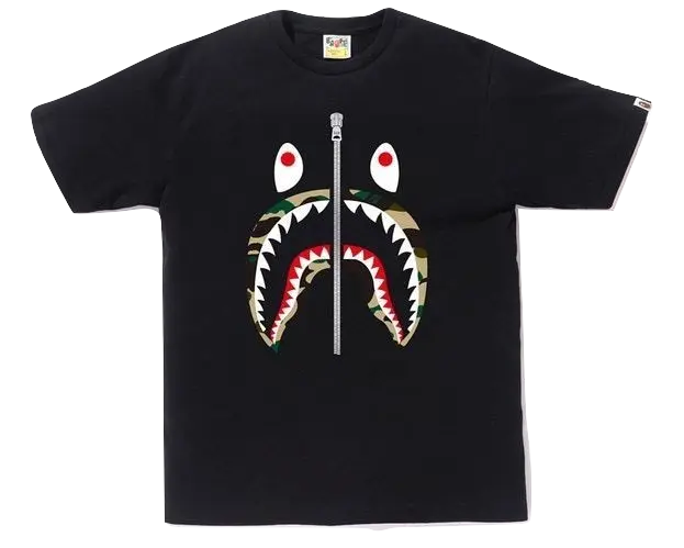 A Bathing Ape Shark Zipper Tee - Black/Yellow - Used Bape