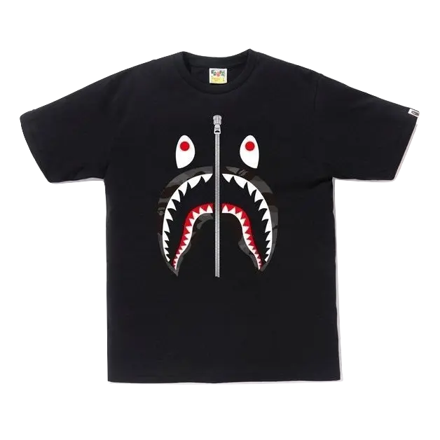 A Bathing Ape Shark Zipper Tee - Black/Gray Camo - Used Bape