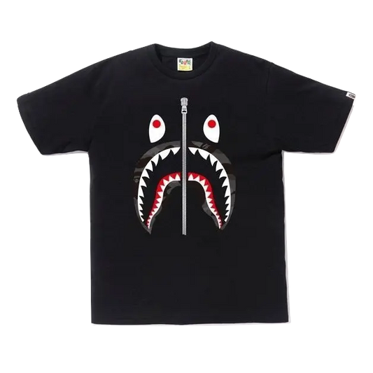 A Bathing Ape Shark Zipper Tee - Black/Gray Camo - Used Bape