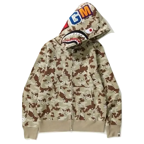 A Bathing Ape Desert Camo Shark Full Zip Hoodie - Beige - Used Bape