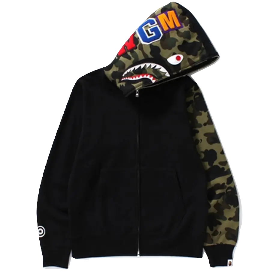 Bape Shark Full Zip Hoodie - Black/Green Camo - Used Bape