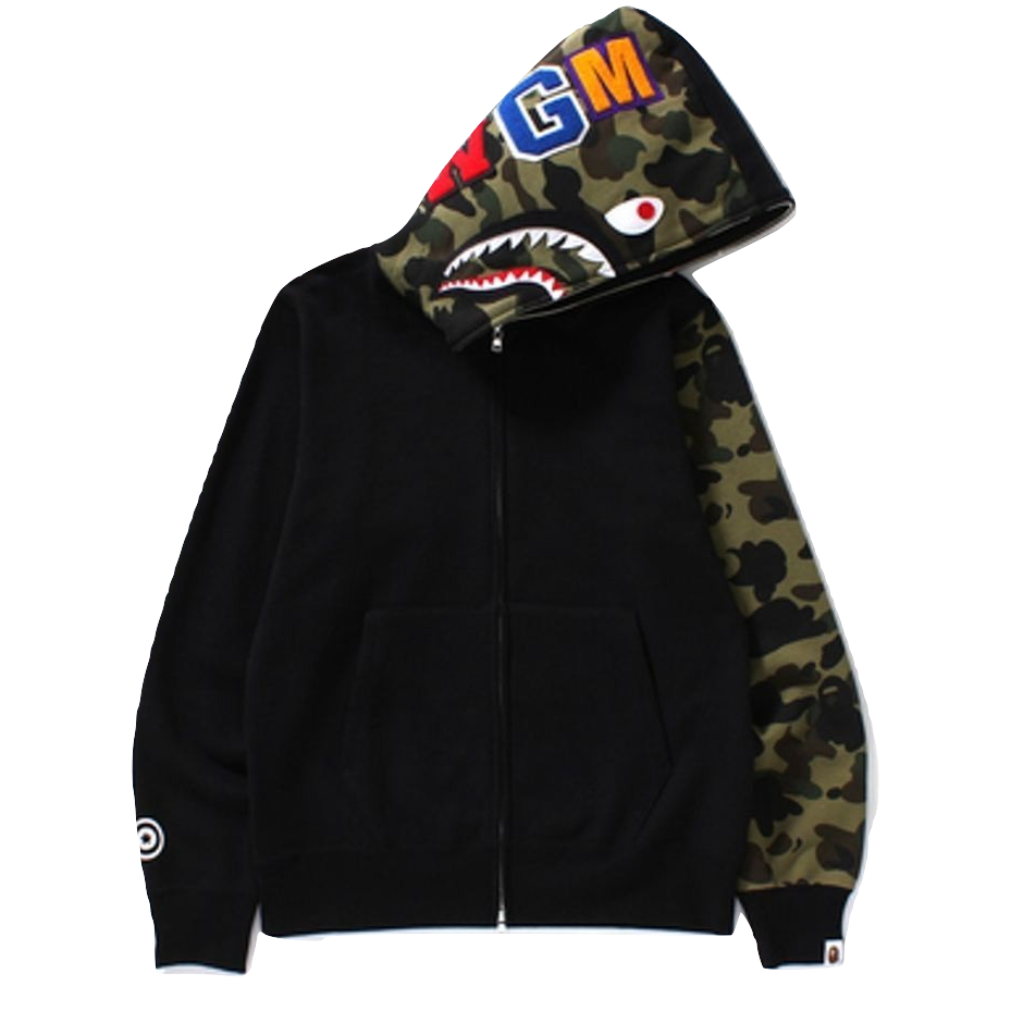 Bape Shark Full Zip Hoodie - Black/Green Camo - Used