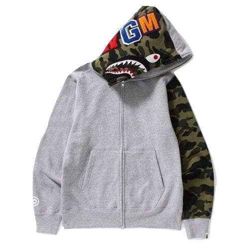 A Bathing Ape Shark Full Zip Hoodie - Grey/Green Camo Hood & Sleeve - Used Bape
