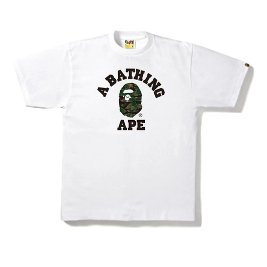 A Bathing Ape Tiger Camo College Tee - White/Olive Drab - Used Bape