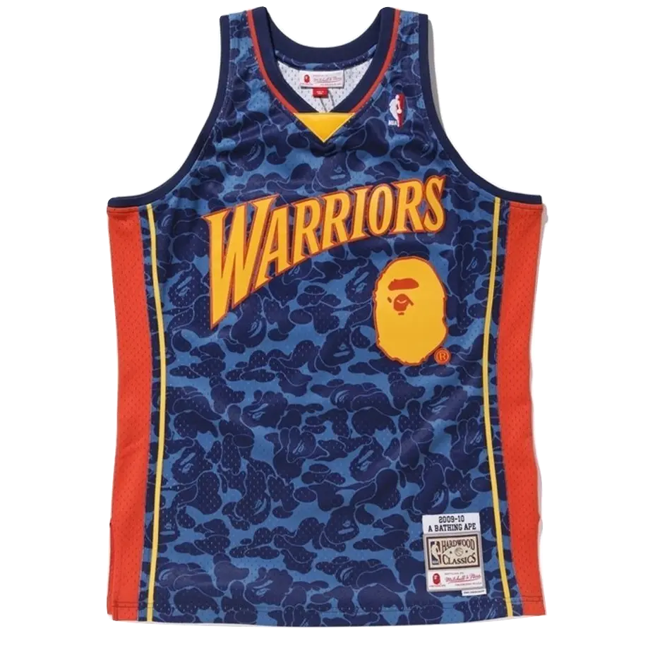 A Bathing Ape x Mitchell & Ness Warriors ABC Basketball Swingman Jersey - Navy Bape
