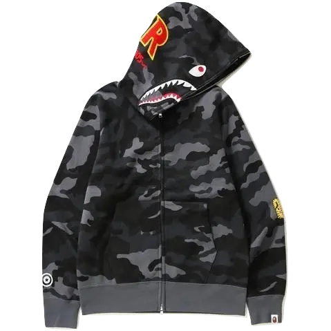 A Bathing Ape Woodland Camo Shark Full Zip Hoodie - Black Bape
