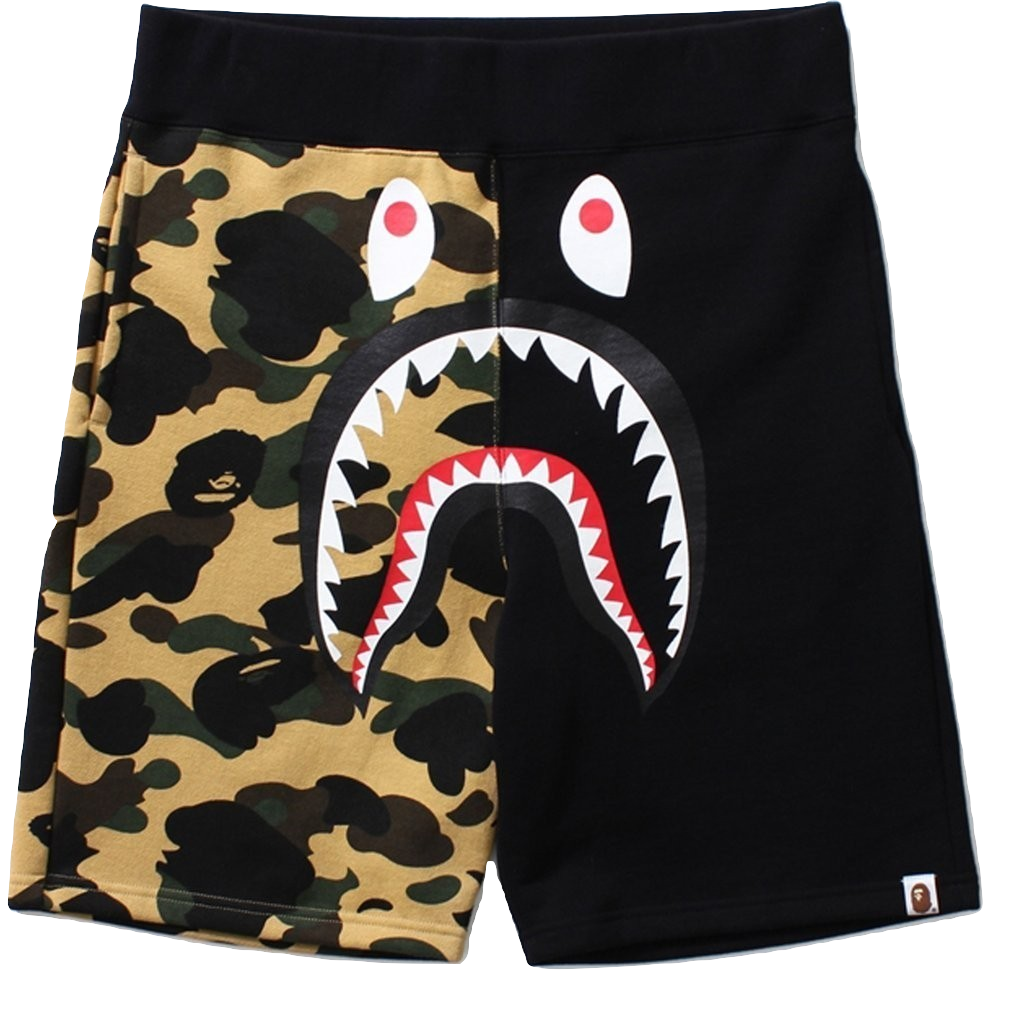 A Bathing Ape Split Shark Sweat Short - Bklack/Yellow Camo - Used Bape