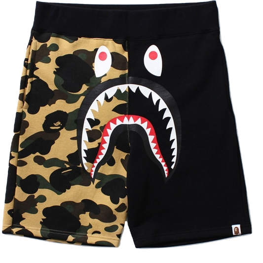 A Bathing Ape Split Shark Sweat Short - Bklack/Yellow Camo - Used Bape