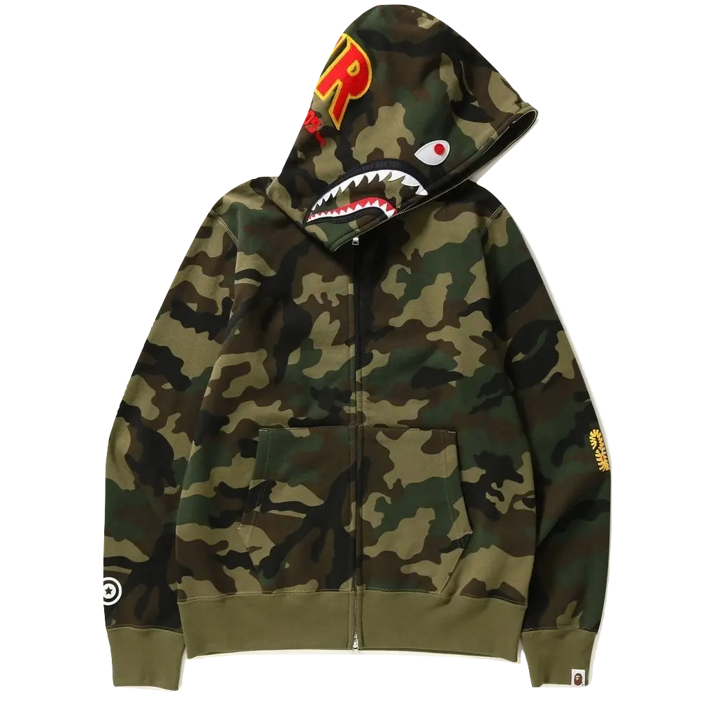 A Bathing Ape Woodland Camo Shark Full Zip Hoodie - Green Bape