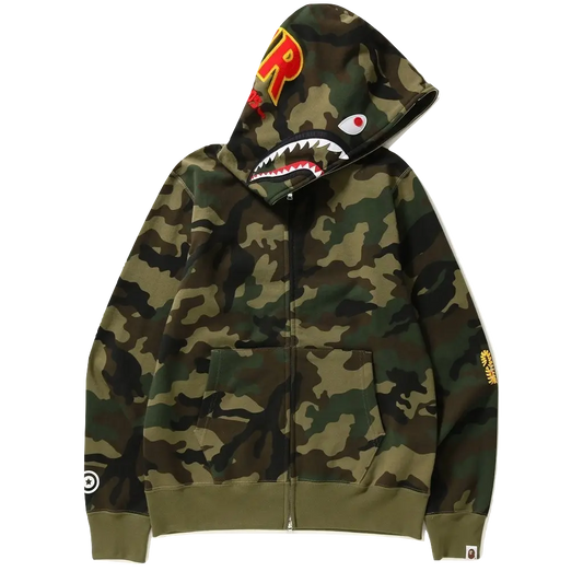 A Bathing Ape Woodland Camo Shark Full Zip Hoodie - Green Bape