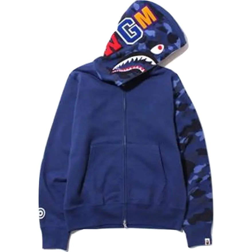 A Bathing Ape Shark Hoodie Blue w/ Camo Sleeve Bape