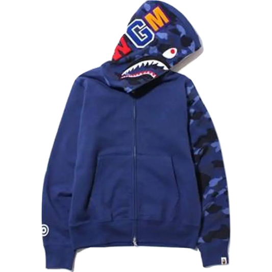 A Bathing Ape Shark Hoodie Blue w/ Camo Sleeve - Used Bape