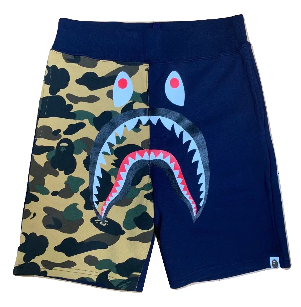A Bathing Ape Shark Split Sweat Shorts - Navy/Yellow Camo Bape