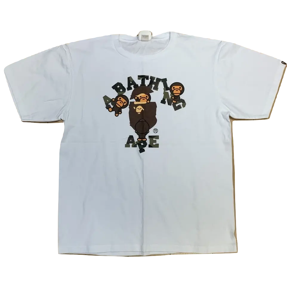 A Bathing Ape College Milo Tee - White/Green Camo - Used Bape