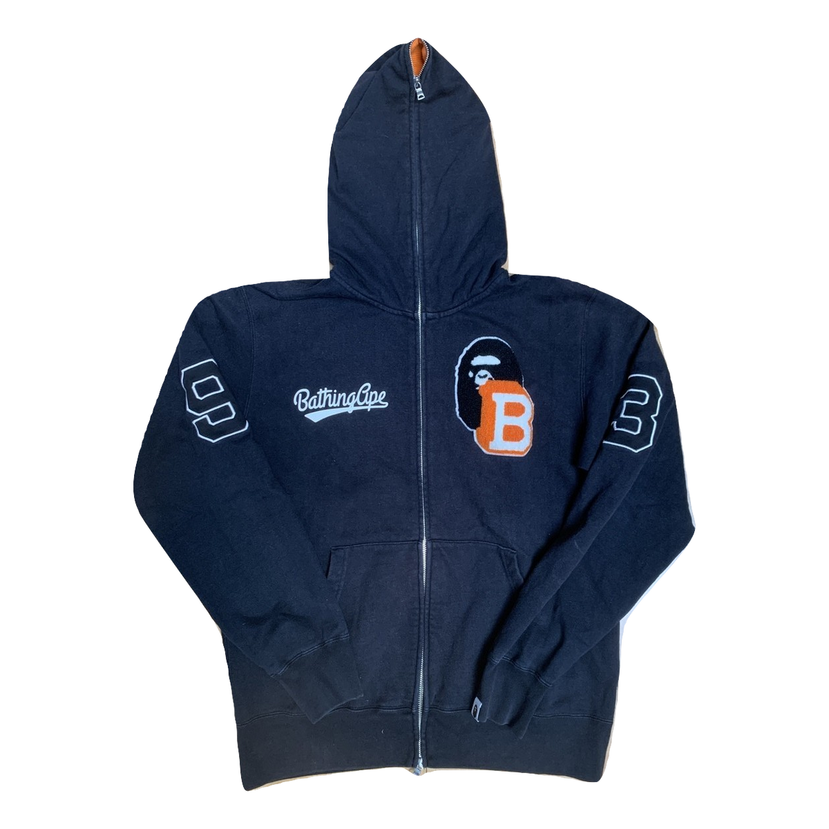 A Bathing Ape Letterman Logo Full Zip Up Jacket - Black - Used Bape