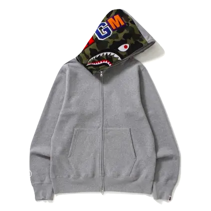 A Bathing Ape Shark Full Zip Hoodie - Grey/Green Hood - Used Bape