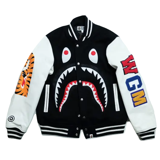 A Bathing Ape Monkey Shark Varsity Bomber Jacket - Black/White Bape