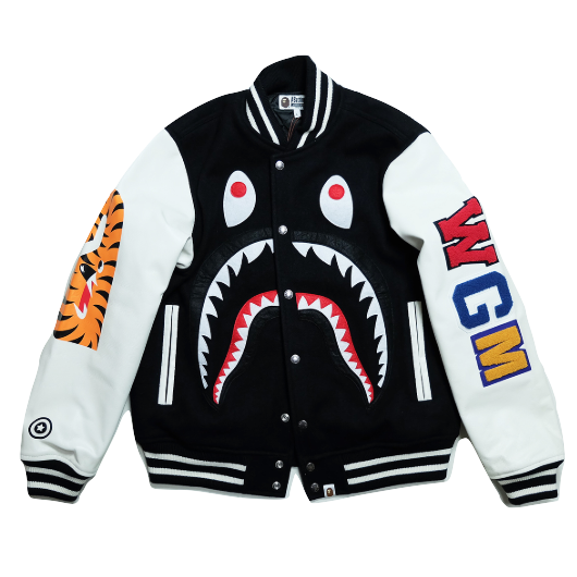 A Bathing Ape Monkey Shark Varsity Bomber Jacket - Black/White - Used